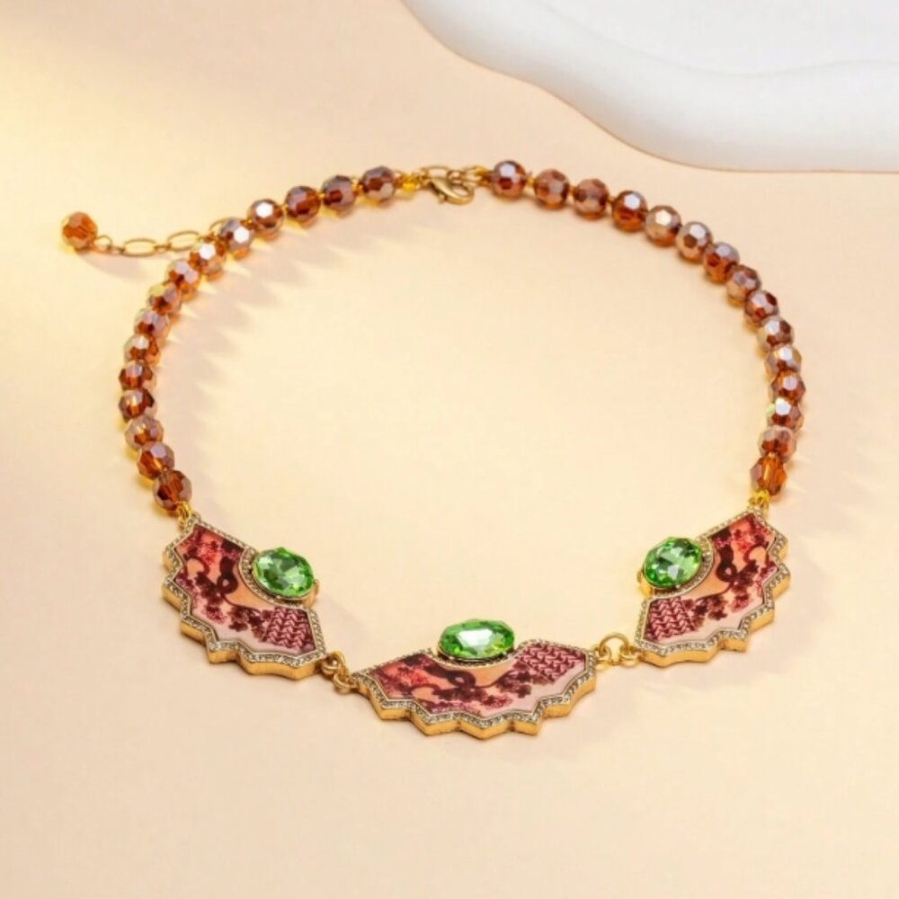 PINK GREEN FAN VINTAGE STYLE GLASS RHINESTONE NECKLACE